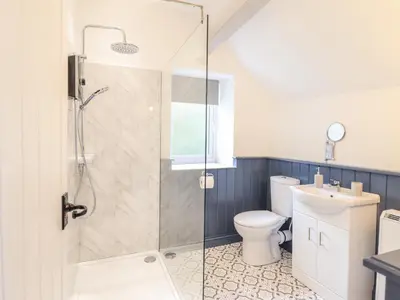 a bathroom with a shower and a toilet at 1 Hendom in Corwen