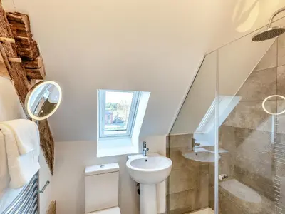 a bathroom with a toilet and a sink and a shower at Buckley Farm, Barn 1 - Uk36588 in Oswestry