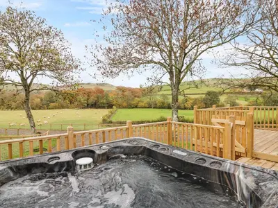 a water slide in a backyard with a wooden fence at Meadow Retreat in Rhayader