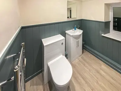 a bathroom with a white toilet and a sink at New Cottage in Penmaenpool