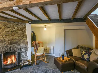 a living room with a couch and a fireplace at Bodeinion in Llanfair Caereinion