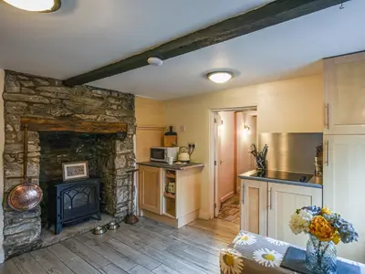 a living room with a stone fireplace and a stove at Bodeinion in Llanfair Caereinion