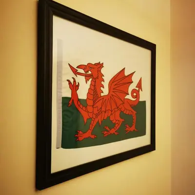 a framed picture of a dragon on a wall at Rooms by the River at Glan Aber in Cynwyd