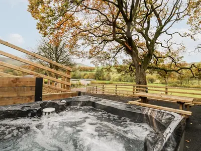 a hot tub with a bench and a tree at Oak Tree View in Rhayader