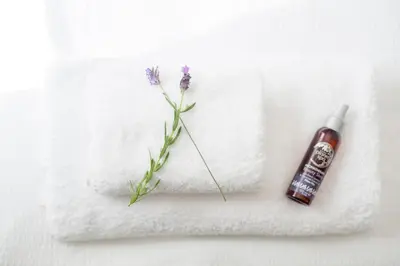 a flower sitting on top of a towel with a bottle of soap at Goitre Bach Cottage in Aberaeron