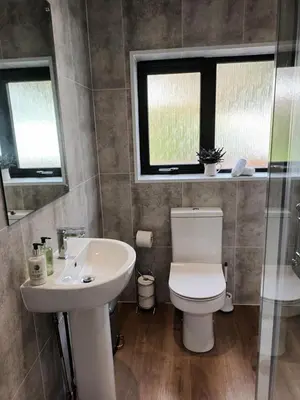 a bathroom with a toilet and a sink and windows at Baskerville House in Clyro