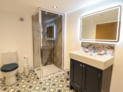 a bathroom with a shower and a sink and a toilet at The Clockhouse in Llandyssil