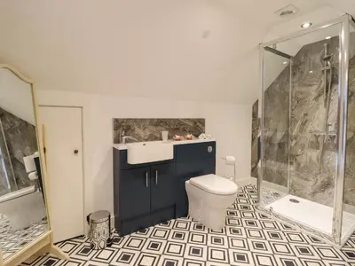 a bathroom with a toilet and a sink and a shower at The Clockhouse in Llandyssil