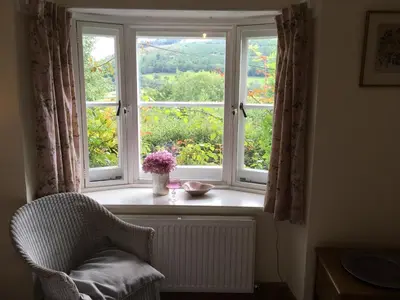 a window with a chair and a vase with flowers on it at 200 year old Gardener's cottage, Mid Wales in Llanidloes