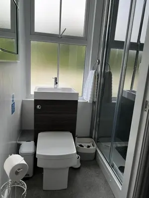 a bathroom with a toilet and a sink and a shower at The Queens Hotel Harlech in Harlech