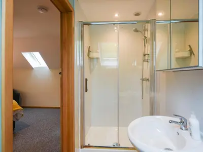 a bathroom with a shower and a sink at Yr Hen Feudy At Pentre Farm in Llansilin