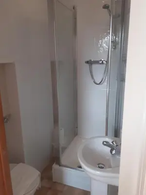 a bathroom with a shower and a sink at The Granary, Bryncarnedd cottages in Aberystwyth