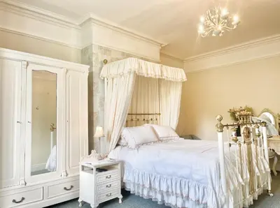 a bedroom with a canopy bed and a mirror at The Buckley Arms in Dinas Mawddwy
