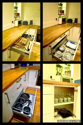 a collage of four pictures of a kitchen at “Dragons Den” Centrally located Modern Apartment in Aberystwyth