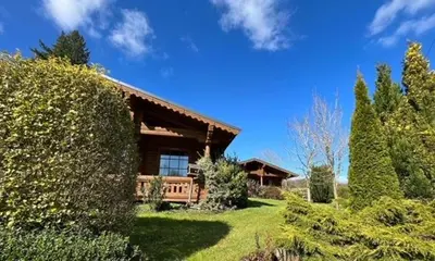 a house with a yard with trees and a house at Countryside Log Cabin With Hot Tub - Beech in Leominster