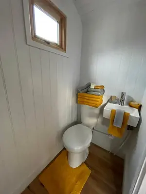 a small bathroom with a toilet and a sink at Ty Olwyn Bach, Coity Bach in Brecon