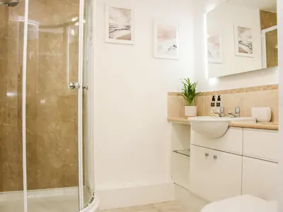 a bathroom with a shower and a toilet and a sink at 6 The Engine Shed in Shrewsbury