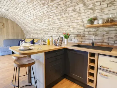 a kitchen with a counter with a sink and a brick wall at Nant y Garnedd in Machynlleth