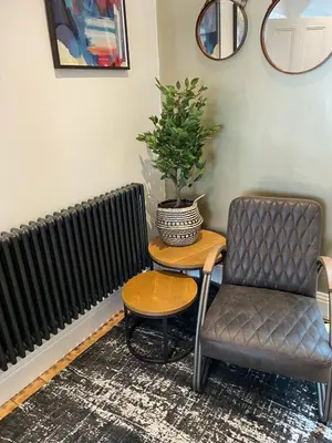 a chair and a table with a potted plant at Swn Y Don New Quay in New Quay
