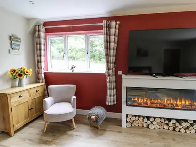 a living room with a fireplace and a tv at Talarddu Cottage in Builth Wells