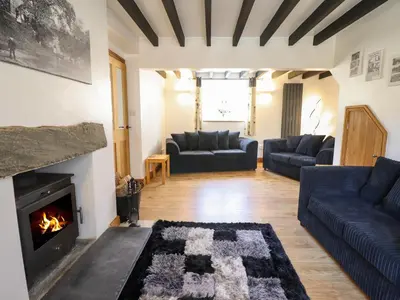 a living room with a couch and a fireplace at Tan Y Capel in Llanbrynmair