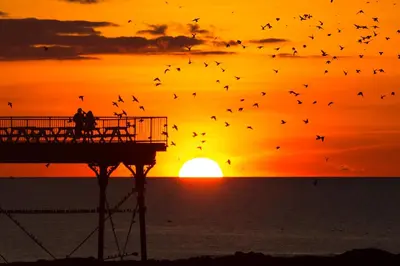 a group of people standing on a pier at sunset at Seaside Apartment in Aberystwyth