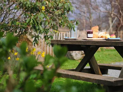 a picnic table with a plate of food on it at Gors Y Gader in Llanelltyd