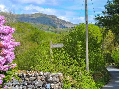 a road with a sign and flowers on the side at Bryn Araul in Rhydymain