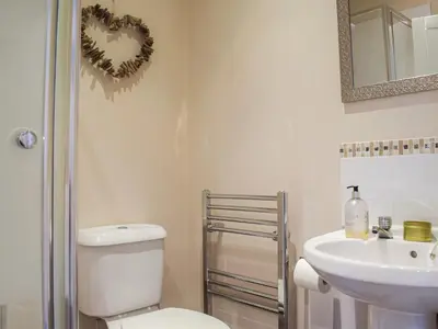 a white bathroom with a toilet and a sink at Little Bank Cottage in Lane to Richards Castle