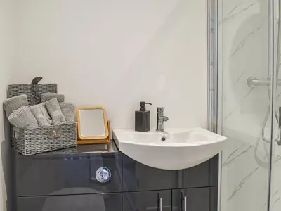 a bathroom with a sink and a shower at Bryn Derwen in Harlech
