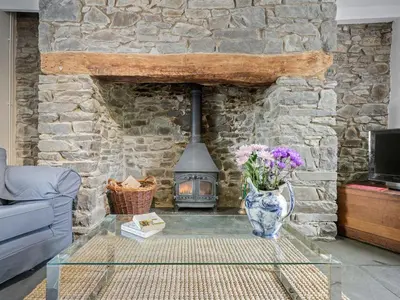 a living room with a stone fireplace with a vase of flowers at Croft Y Beudy in Henfynyw Upper