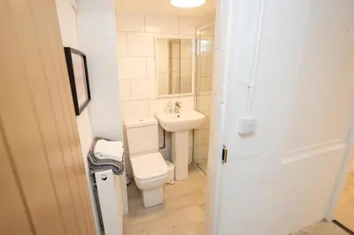 a bathroom with a toilet and a sink at The Coach House in Llangollen
