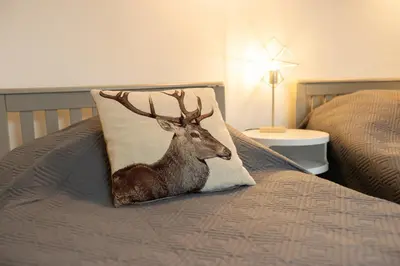 a picture of a deer on a pillow on a bed at The Coach House in Llangollen
