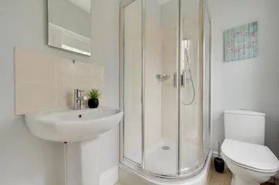 a bathroom with a shower and a sink and a toilet at 3 Bed in Bethlehem oc-waw219 in Llangadog