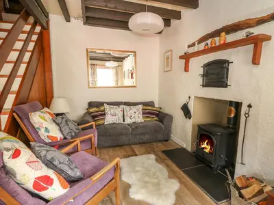 a living room with a couch and a fireplace at Cysgod Y Coed in Machynlleth
