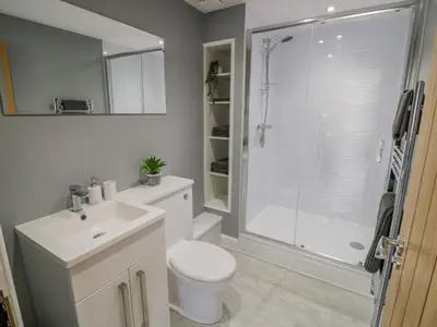 a bathroom with a toilet sink and a shower at 2 The Villa in Ludlow