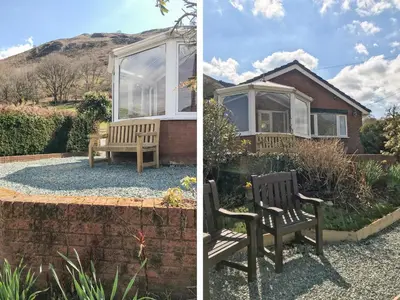 two views of a house with two benches in the yard at Bryn Teg in Oswestry