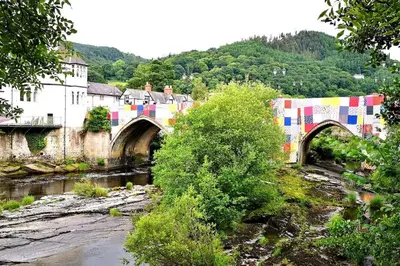 a bridge over a river in a town with a bridge at Hillside Cottage, countryside views near Llangollen in Corwen