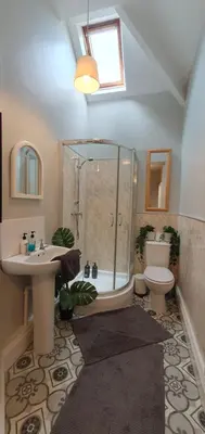 a bathroom with a shower and a sink and a toilet at Cosy Spring Cottage at Pen Y Coed Hall in Dolgellau