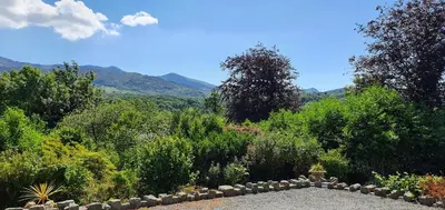 a garden with a gravel road and mountains in the background at Cosy Spring Cottage at Pen Y Coed Hall in Dolgellau