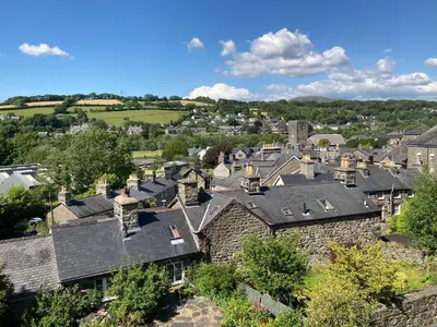 an aerial view of a village with roofs at Glasfryn Cottage Dolgellau in Dolgellau