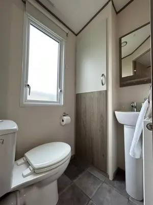 a bathroom with a toilet and a sink and a window at Delightful 2 bedroom Caravan, Pencnwc, New Quay in Cross Inn