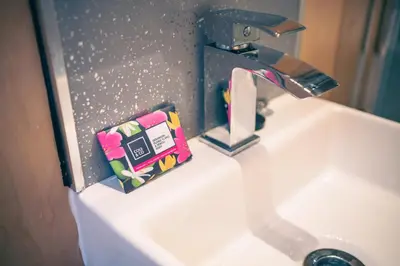 a bathroom sink with a faucet and a toothpaste at Empress En Suite Wagon in Arthog