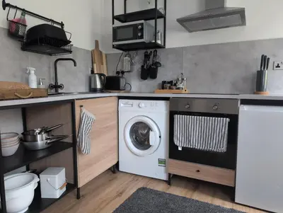 a kitchen with a washer and a washing machine at Bryngwalia Fach in Cribyn