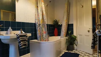 a bathroom with a sink and a shower curtain at Large Mach Apartment at Pen Y Coed Hall in Dolgellau
