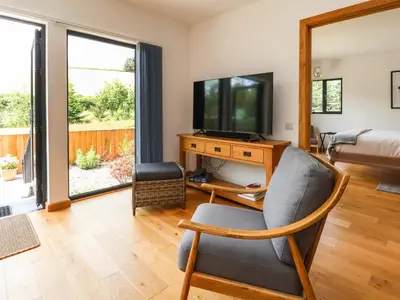 a living room with a television and a chair at No1 The Lodge in Bishops Castle