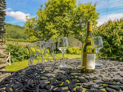 a bottle of wine sitting on a table with two glasses at Bryniau Bychain Cottage in Machynlleth