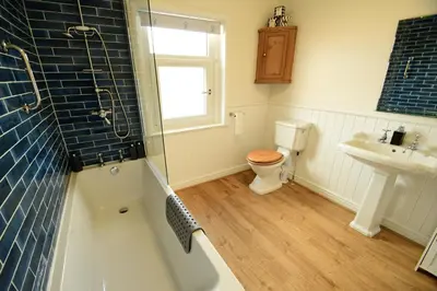 a bathroom with a shower and a toilet and a sink at Old Street Terrace in Ludlow