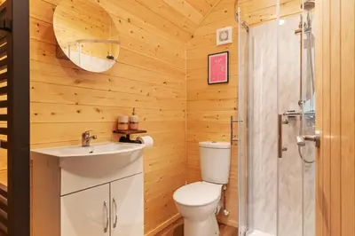 a bathroom with a toilet and a sink and a shower at Blaenplwyf Shire Pods in Lampeter