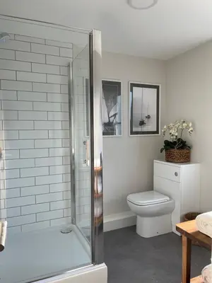 a bathroom with a shower and a toilet at Richardson Apartment in Aberaeron